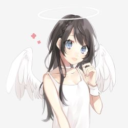 Rule 34 | 1girl, :d, angel, angel wings, black hair, blue eyes, braid, collarbone, commentary request, crown braid, dress, feathered wings, fingernails, grey background, hachimitsu honey, hair between eyes, halo, hand up, head tilt, highres, long hair, looking at viewer, open mouth, original, sidelocks, sleeveless, sleeveless dress, smile, solo, very long hair, white dress, white wings, wings, wrist cuffs