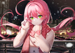 Rule 34 | 1girl, absurdres, ahoge, blush, bow, brown cardigan, cardigan, city, closed mouth, floating hair, green eyes, hair between eyes, hair ornament, highres, hololive, long hair, looking at viewer, night, nyan (reinyan 007), outdoors, pink bow, pink hair, pink nails, plaid, plaid scarf, red scarf, sakura miko, sakura miko (casual), scarf, sleeves past wrists, smile, snowing, solo, twintails, upper body, virtual youtuber