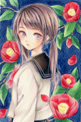 1girl absurdres amu_(m_aa) blue_background blue_sailor_collar brown_eyes brown_hair closed_mouth commentary_request expressionless eyelashes flower highres long_hair long_sleeves looking_at_viewer looking_back original painting_(medium) red_flower sailor_collar school_uniform serafuku shirt solo traditional_media twintails upper_body watercolor_(medium) white_shirt