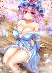 Rule 34 | 1girl, bare shoulders, blue hat, blush, breasts, cherry blossoms, cleavage, collarbone, cup, frills, hair between eyes, hat, highres, large breasts, long sleeves, looking at viewer, mob cap, off shoulder, outdoors, petals, pink eyes, pink hair, reijing etrn, saigyouji yuyuko, short hair, sitting, soaking feet, solo, thighs, touhou, triangular headpiece