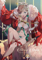 Rule 34 | 1girl, :d, absurdly long hair, armpits, bare legs, bare shoulders, blonde hair, blue eyes, blush, bow, bow panties, bra, braid, breasts, christmas, cleavage, coat, collarbone, crown braid, elbow gloves, french braid, glasses, gloves, halterneck, hand up, highres, horns, knee up, kneehighs, lace, lace-trimmed bra, lace trim, lingerie, long hair, looking at viewer, medium breasts, merry christmas, navel, open mouth, original, panties, red coat, red ribbon, red socks, ribbon, round eyewear, salmon88, single horn, sitting, smile, socks, solo, star (symbol), stomach, striped bra, striped clothes, swept bangs, thighs, underwear, very long hair, white bra, white gloves, white panties