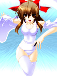 Rule 34 | 1girl, bow, breasts, brown hair, detached sleeves, engo (aquawatery), female focus, hair bow, hair tubes, hakurei reimu, one-piece swimsuit, open mouth, ribbon, running, school swimsuit, solo, swimsuit, thighhighs, touhou, white thighhighs