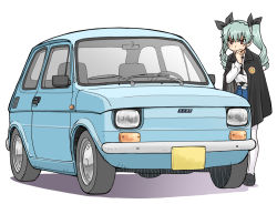 Rule 34 | 1girl, anchovy (girls und panzer), anzio school uniform, belt, black cape, black footwear, black necktie, black ribbon, blue skirt, cape, car, commentary request, dress shirt, drill hair, fiat, fiat 126, girls und panzer, green hair, hair ribbon, hand on own chin, loafers, long hair, long sleeves, miniskirt, motor vehicle, necktie, pantyhose, pleated skirt, red eyes, ribbon, school uniform, shirt, shoes, simple background, skirt, solo, standing, sweatdrop, thinking, twin drills, twintails, uona telepin, vehicle focus, white background, white pantyhose, white shirt