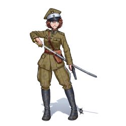 Rule 34 | 1girl, absurdres, boots, breast pocket, brown hair, cavalry, drawing sword, green eyes, gun, handgun, hat, highres, holding, holding sword, holding weapon, holster, jacket, knee boots, leather belt, military, military jacket, military uniform, original, ostwindprojekt, pants, pants tucked in, pistol, pocket, poland, shaded face, solo, sword, tomboy, uniform, wavy mouth, weapon, white background