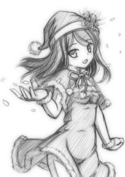 Rule 34 | 1girl, greyscale, hat, highres, hizamaru (shikihime zoushi), long hair, looking at viewer, minaha (playjoe2005), monochrome, santa hat, shikihime zoushi, simple background, sketch, smile, solo, white background