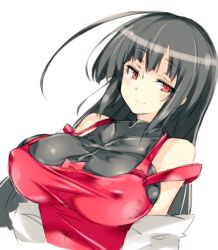 Rule 34 | 1girl, ahoge, black hair, breasts, closed mouth, detached sleeves, covered erect nipples, large breasts, long hair, looking at viewer, m.u.g.e.n, ototobe, red eyes, sendai hakurei no miko, sleeveless, sleeveless turtleneck, smile, solo, touhou, turtleneck, upper body