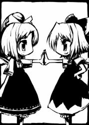 Rule 34 | 2girls, chibi, cirno, daiyousei, eye contact, female focus, greyscale, looking at another, monochrome, multiple girls, smile, symmetrical hand pose, tao, tao (kadoya), embodiment of scarlet devil, touhou