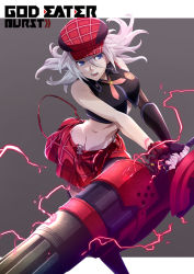 Rule 34 | 10s, 1girl, :d, alisa ilinichina amiella, asymmetrical gloves, black footwear, black pantyhose, blue eyes, boots, breasts, brown background, cabbie hat, commentary request, copyright name, crop top, elbow gloves, emblem, fingerless gloves, gloves, god eater, god eater burst, hair between eyes, hat, highres, holding, holding weapon, huge weapon, isshi pyuma, large breasts, long hair, looking at viewer, medium breasts, mismatched gloves, navel, open mouth, pantyhose, revision, silver hair, single elbow glove, skirt, sleeveless, smile, solo, suspender skirt, suspenders, suspenders slip, thigh boots, thighhighs, underboob, v-shaped eyebrows, weapon