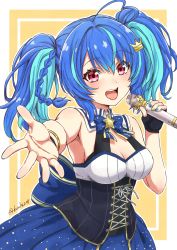 Rule 34 | 1girl, absurdres, ahoge, blue bow, blue bowtie, blue dress, blue hair, blush, bow, bowtie, braid, breasts, cowboy shot, crown, dress, fuusuke (fusuke208), hair between eyes, hair ornament, hairpin, heart, heart ahoge, highres, holding, holding microphone, mair (alive musix), idol, light blue hair, looking at viewer, medium breasts, microphone, multicolored hair, music, open mouth, outstretched hand, red eyes, simple background, singing, sleeveless, smile, solo, twintails, twitter username, two-tone hair, virtual youtuber, yellow background, yumemizaka gakuin
