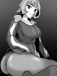 Rule 34 | 1girl, arezu (pokemon), ass, breasts, creatures (company), game freak, highres, huge ass, large breasts, legs, looking at viewer, monochrome, nintendo, pantyhose, pokemon, pokemon legends: arceus, short hair, smile, solo, tavi (hosheezus), thick thighs, thighs