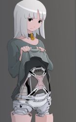 Rule 34 | 1girl, android, clothes lift, collar, embarrassed, highres, lifted by self, looking at viewer, mechanical parts, original, shirt lift, simple background, solo, sukabu, white hair