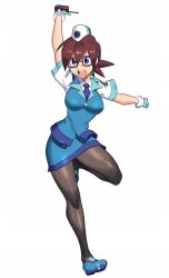 Rule 34 | 1girl, arm up, black pantyhose, blue eyes, blue footwear, blue necktie, blue skirt, blush, breasts, brown hair, capcom, denise marmalade (mega man), earrings, female focus, fish earrings, full body, glasses, glasses day, gloves, hair between eyes, hat, jewelry, large breasts, leg up, mega man (series), mega man legends (series), miniskirt, necktie, open mouth, outstretched arms, pantyhose, police, police uniform, shoes, short hair, short sleeves, simple background, skirt, solo, standing, standing on one leg, teeth, the misadventures of tron bonne, ukimukai, uniform, white background