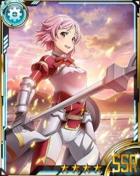 Rule 34 | 10s, 1girl, armor, breastplate, card (medium), hair ornament, hairclip, holding, holding weapon, lake, lisbeth (sao-alo), looking at viewer, open mouth, outdoors, pink hair, polearm, red eyes, shield, short hair, solo, star (symbol), sword art online, weapon