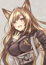 1girl :d animal_ears arknights black_jacket black_shirt breasts brown_eyes brown_hair ceobe_(arknights) commentary_request grey_background hand_up jacket large_breasts long_hair long_sleeves looking_at_viewer open_mouth puffy_long_sleeves puffy_sleeves shirt simple_background sleeves_past_wrists smile solo sorai_shin&#039;ya twitter_username upper_body very_long_hair