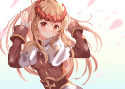 Rule 34 | 1girl, absurdres, acolyte (ragnarok online), blonde hair, blush, breasts, brown eyes, brown shirt, capelet, closed mouth, commentary request, commission, falling petals, flower, hair between eyes, head wreath, highres, long hair, long sleeves, looking at viewer, medium bangs, medium breasts, okishiji en, petals, pixiv commission, ragnarok online, red flower, shirt, smile, solo, upper body, white capelet