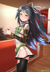 1girl asymmetrical_gloves asymmetrical_sleeves black_hair black_thighhighs blue_eyes breasts crop_top fingerless_gloves gloves hair_ribbon highres hip_vent indoors izumikuma kantai_collection katsuragi_(kancolle) katsuragi_kai_(kancolle) long_hair looking_at_viewer miniskirt muneate pleated_skirt ponytail red_gloves ribbon single_glove skirt small_breasts solo standing thighhighs uneven_gloves white_ribbon wide_ponytail