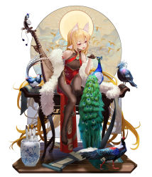 Rule 34 | 1girl, animal, bare shoulders, bird, black gloves, black pantyhose, blonde hair, breasts, china dress, chinese clothes, dress, feathers, feet, fh moya, flat chest, full body, gloves, highres, long hair, original, pantyhose, peacock, peacock feathers, short dress, side slit, sleeveless, sleeveless dress, small breasts, toes, yellow eyes
