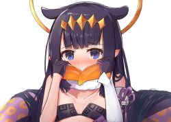 1girl, animal ears, bangs, black gloves, blue eyes, blue hair, blunt bangs, blush, circlet, collarbone, covering mouth, ear blush, eyebrows visible through hair, flat chest, flower knot, gloves, halo, holding, holding hair, hololive, hololive english, long hair, looking at viewer, ninomae ina&#039;nis, nose blush, pointy ears, shuuzo3, sidelocks, simple background, solo, upper body, virtual youtuber, white background