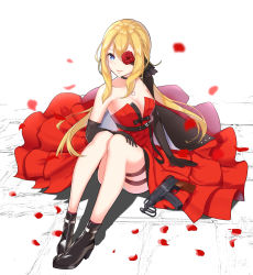 Rule 34 | 1girl, :d, absurdres, ankle boots, artist request, black gloves, blonde hair, blue eyes, blush, boots, breasts, choker, cleavage, collarbone, dress, elbow gloves, eyepatch, flower, girls&#039; frontline, gloves, gun, hair between eyes, hand on own knee, high heel boots, high heels, highres, layered dress, legs together, long hair, looking at viewer, low twintails, machine pistol, medium breasts, official alternate costume, open mouth, panties, personal defense weapon, petals, rose, rose petals, sidelocks, sitting, skorpion (crimson starlet) (girls&#039; frontline), skorpion (girls&#039; frontline), skorpion vz. 61, smile, solo, submachine gun, thigh strap, twintails, underwear, weapon, white panties
