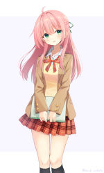 Rule 34 | 1girl, ahoge, black socks, blush, bow, bowtie, brown jacket, collared shirt, commentary request, green eyes, hair between eyes, highres, jacket, kneehighs, long hair, looking away, miniskirt, original, parted lips, pink hair, plaid, plaid skirt, pleated skirt, red bow, red bowtie, red skirt, school uniform, shirai tanuki, shirt, skirt, socks, solo, standing, striped bow, striped bowtie, striped clothes, striped neckwear, sweater, twitter username, white background, white shirt, yellow sweater