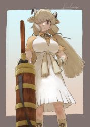 Rule 34 | 1girl, absurdres, animal ears, blonde hair, border, closed mouth, collared shirt, dress, extra ears, feet out of frame, floating hair, flower, gloves, grey eyes, hair over one eye, hair ribbon, hand on own hip, highres, horns, kemono friends, kemono friends 3, light smile, long hair, looking at viewer, medium dress, neck ribbon, pueblo, ribbon, shirt, short sleeves, signature, solo, standing, twintails, very long hair, white dress, wind, wing collar, yak (kemono friends), yellow flower