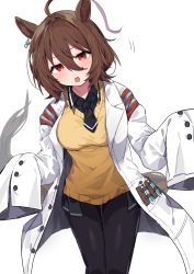 Rule 34 | 1girl, absurdres, agnes tachyon (umamusume), ahoge, animal ears, black neckwear, black pantyhose, black skirt, brown hair, earrings, hair between eyes, highres, horse girl, horse tail, inuyayo, jewelry, lab coat, long sleeves, looking at viewer, open mouth, pantyhose, pleated skirt, red eyes, short hair, simple background, single earring, skirt, sleeves past fingers, sleeves past wrists, solo, sweater, sweater vest, tail, test tube, umamusume, white background, yellow sweater