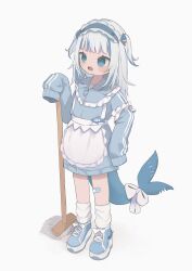Rule 34 | 1girl, absurdres, apron, bandaid, bandaid on knee, bandaid on leg, blue eyes, blue footwear, blue hair, blue jacket, fins, fish tail, frills, full body, gawr gura, grey hair, hair ornament, highres, hololive, hololive english, jacket, long sleeves, loose socks, maid, multicolored hair, open mouth, oreoreoreo, shark girl, shark tail, sharp teeth, simple background, sleeves past fingers, sleeves past wrists, socks, solo, standing, streaked hair, tail, teeth, track jacket, two side up, unconventional maid, virtual youtuber, white apron, white background, white socks
