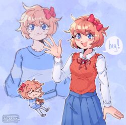 Rule 34 | 1girl, blue eyes, blue sky, blush, bow, breasts, brown hair, cookie, doki doki literature club, food, hair bow, highres, holding, holding food, long sleeves, open mouth, over x6, pleated skirt, red bow, sayori (doki doki literature club), short hair, skirt, sky, small breasts, smile, solo, speech bubble