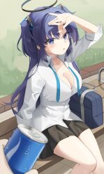 Rule 34 | 1girl, absurdres, arm up, black skirt, blue archive, blush, breasts, can, cleavage, collarbone, collared shirt, commentary, day, halo, highres, holding, holding can, large breasts, long hair, looking at viewer, mechanical halo, necktie, on bench, outdoors, parted lips, pleated skirt, pov, purple eyes, purple hair, shading eyes, shirt, sitting, skirt, sleeves rolled up, solo focus, sweat, two side up, undone necktie, ve r nell, white shirt, yuuka (blue archive)