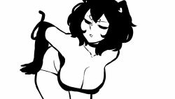 Rule 34 | 1girl, animal ears, animated, animated gif, black eyes, black hair, breasts, cat ears, cat girl, cleavage, crop top, emmpyfour, hanging breasts, large breasts, looking at viewer, medium breasts, panties, removing panties, short hair, solo, thick thighs, thighs, underwear, wide hips