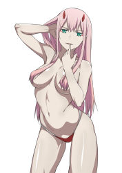 Rule 34 | 10s, 1girl, bikini, bikini bottom only, breasts, darling in the franxx, finger to mouth, green eyes, hair censor, hair over breasts, highres, horns, long hair, looking at viewer, medium breasts, nahoyoshi, navel, pink hair, red bikini, simple background, solo, standing, swimsuit, topless, white background, zero two (darling in the franxx)