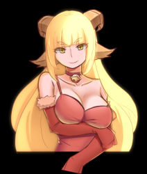 Rule 34 | 1girl, animal ears, bell, black background, blonde hair, breasts, choker, cleavage, closed mouth, dress, elbow gloves, gloves, goat ears, highres, horns, jingle bell, long hair, looking at viewer, neck bell, niseoto, original, red choker, red dress, red gloves, simple background, sleeveless, sleeveless dress, smile, solo, spaghetti strap, strap slip, upper body, yellow eyes
