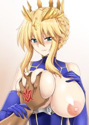 Rule 34 | 1girl, artoria pendragon (fate), artoria pendragon (lancer) (fate), bare shoulders, blonde hair, blue eyes, blue gloves, blue leotard, blush, braid, breasts, breasts out, closed mouth, command spell, crown, crown braid, deep skin, elbow gloves, fate/grand order, fate (series), french braid, gloves, grabbing, grabbing another&#039;s breast, grabbing another's breast, gradient background, guided breast grab, guiding hand, hair between eyes, hand on own chest, heattech leotard, hellandheaven, highres, large breasts, leotard, long hair, looking at viewer, nipples, pov, side braid, sidelocks, smile, turtleneck, upper body