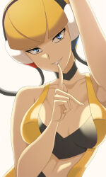 Rule 34 | 1girl, arm up, armpits, bare shoulders, blonde hair, blue eyes, breasts, cleavage, creatures (company), elesa (pokemon), finger to mouth, game freak, headphones, highres, large breasts, nintendo, parted lips, pokemon, pokemon bw, seductive smile, shushing, sleeveless, smile, solo, teeth, vivivoovoo