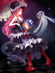 Rule 34 | 1girl, achyue, bare shoulders, black eyes, boots, braid, breasts, checkered floor, cleavage, dress, drill hair, eyelashes, frilled dress, frills, ghost, hat, high heel boots, high heels, highres, kumacy, large breasts, layered dress, long dress, long hair, looking at viewer, one piece, perona, pink hair, pink lips, red footwear, sabaody archipelago, shoes, side braids, solo, strapless, strapless dress, stuffed animal, stuffed toy, teddy bear, umbrella
