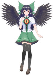 Rule 34 | 1girl, absurdres, bird wings, black hair, black thighhighs, black wings, blush, bow, breasts, brown footwear, collar, commentary request, frilled collar, frills, full body, green bow, green skirt, hair bow, hand on own chest, highres, large breasts, long hair, looking at viewer, o1118, puffy short sleeves, puffy sleeves, red eyes, reiuji utsuho, shirt, short sleeves, simple background, skirt, solo, standing, thighhighs, touhou, triangle, very long hair, white background, white shirt, wings, zettai ryouiki