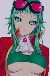 Rule 34 | 1girl, ascot, breasts, brooch, cleavage, coat, crop top, goggles, green eyes, green hair, green shirt, gumi, gumi (v3 megpoid), highres, ikura (user uuyj7743), jewelry, looking at viewer, looking down, looking to the side, medium breasts, red coat, serious, shirt, short hair, sidelocks, solo, underboob, upper body, vocaloid, white ascot