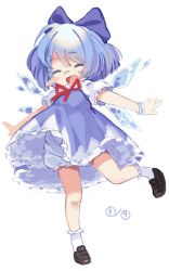 Rule 34 | 1girl, bandaid, bandaid on knee, bandaid on leg, bloomers, blue bow, blue hair, bow, cirno, closed eyes, dress, highres, ice, ice wings, lisa (faeuna), open mouth, shoes, socks, solo, touhou, underwear, white bloomers, wings