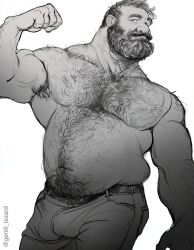 Rule 34 | 1boy, abs, bara, beard, belly, biceps, captain archibald haddock, chest hair peek, cowboy shot, denim, facial hair, flexing, full beard, gentil lezard, gradient beard, greyscale, hairy, jeans, large pectorals, looking at viewer, male focus, mature male, monochrome, muscular, muscular male, navel, navel hair, nipples, old, old man, pants, pectorals, receding hairline, short hair, solo, standing, stomach, thick arm hair, thick beard, thick eyebrows, thick navel hair, tintin, topless male, very hairy