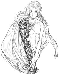 Rule 34 | 1boy, automail, braid, braided ponytail, cloak, closed mouth, covering privates, edward elric, fullmetal alchemist, greyscale, hanes 025, highres, long hair, looking at viewer, mechanical arms, mechanical parts, monochrome, nude, nude cover, own hands together, prosthesis, scar, simple background, single braid, single mechanical arm, solo, toned, toned male