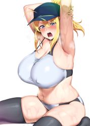 Rule 34 | 1girl, absurdres, ahoge, armpits, arms behind head, arms up, artoria pendragon (fate), bare shoulders, baseball cap, blonde hair, blue eyes, blue hat, blush, breasts, cleavage, collarbone, covered erect nipples, fate/grand order, fate (series), grey thighhighs, hair between eyes, hair through headwear, hakai shin, hat, highres, huge breasts, long hair, looking at viewer, mysterious heroine x (fate), mysterious heroine xx (fate), navel, open mouth, panties, ponytail, sidelocks, sitting, solo, sports bra, sweat, thighhighs, thighs, underwear, wariza, white panties, white sports bra