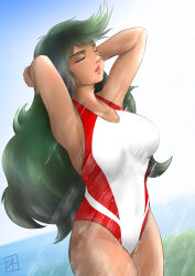 Rule 34 | 1girl, armpits, arms up, artist logo, breasts, closed eyes, competition swimsuit, cropped legs, great mazinger, green hair, hands in own hair, honoo jun, large breasts, lipstick, long hair, makeup, mazinger (series), nemuribuka, one-piece swimsuit, parted lips, presenting armpit, red lips, red one-piece swimsuit, solo, standing, swimsuit, two-tone one-piece swimsuit, water, white one-piece swimsuit
