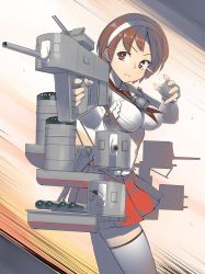 Rule 34 | 1girl, blush, breasts, brown eyes, brown hair, closed mouth, detached sleeves, hairband, headband, heibonkaeru, holding, holding weapon, kantai collection, large breasts, natori (kancolle), neckerchief, pleated skirt, red skirt, rigging, sailor collar, school uniform, serafuku, short hair, skirt, solo, speed lines, thighhighs, weapon, white hairband