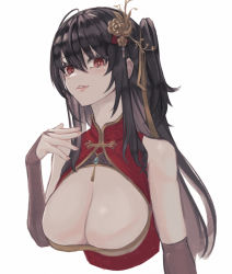 Rule 34 | 1girl, azur lane, black hair, breasts, bridal gauntlets, china dress, chinese clothes, cleavage, cleavage cutout, clothing cutout, dress, hair ornament, large breasts, long hair, looking at viewer, low neckline, moppo, official alternate costume, red dress, red eyes, solo, standing, taihou (azur lane), taihou (phoenix&#039;s spring song) (azur lane), upper body, white background
