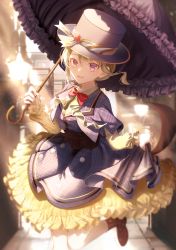 Rule 34 | 1girl, 723/nanahumi, :d, blonde hair, bow, bowtie, breasts, collared shirt, commentary, dress, frilled dress, frilled umbrella, frills, hat, holding, holding umbrella, kusanagi nene, long hair, looking at viewer, md5 mismatch, medium hair, open mouth, project sekai, purple dress, purple eyes, purple hat, red bow, red bowtie, resolution mismatch, shirt, skirt hold, smile, solo, source larger, sunlight, symbol-only commentary, umbrella
