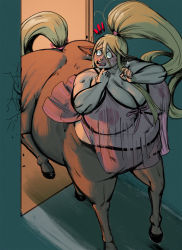 Rule 34 | 1girl, alternate body size, animal ears, babydoll, belly, blonde hair, blue eyes, blush, breasts, centaur, centorea shianus, cleavage, commission, crack, cracked wall, fat, full body, highres, horse ears, huge breasts, large areolae, lipstick, long hair, makeup, monster musume no iru nichijou, multiple legs, nipples, open mouth, ponytail, redblacktac, see-through, solo, stuck, surprised, taur
