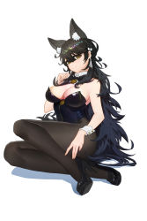 Rule 34 | 1girl, absurdres, animal ear fluff, atago (azur lane), azur lane, bare shoulders, black footwear, black hair, black leotard, black pantyhose, bow, bowtie, breasts, covered navel, detached collar, full body, hair between eyes, highres, large breasts, leotard, long hair, nontraditional playboy bunny, pantyhose, playboy bunny, shoes, simple background, solo, strapless, strapless leotard, white background, wing collar, wrist cuffs, yellow eyes, yigali xinji