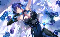 Rule 34 | 1girl, absurdres, armpits, asymmetrical gloves, bare shoulders, bead choker, black hair, blue flower, blue hair, bob cut, breasts, cleavage, commentary request, diagonal bangs, dice, elbow gloves, feather-trimmed jacket, feather collar, flower, genshin impact, gloves, green eyes, highres, large breasts, looking at viewer, lying, mismatched gloves, mole, mole on breast, multicolored hair, neck tassel, sas (ls08b), short hair, single elbow glove, smile, solo, tassel choker, waist cutout, yelan (genshin impact)