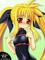 Rule 34 | 00s, 1girl, :o, bare shoulders, blonde hair, breasts, covered navel, fate testarossa, hotori (sion), long hair, looking at viewer, lyrical nanoha, mahou shoujo lyrical nanoha, open mouth, red eyes, sidelocks, skin tight, small breasts, solo, twintails, upper body, very long hair