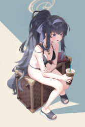 Rule 34 | 1girl, bags under eyes, bandaid, bandaid on foot, bare arms, bare legs, bare shoulders, barefoot, bikini, black bikini, black hair, blue archive, blush, book, breasts, commentary request, cup, disposable cup, drink, drinking straw, hairband, halo, highres, holding, holding cup, holding drink, jewelry, long hair, necklace, o-ring, o-ring bikini, o-ring bottom, o-ring top, official alternate costume, open mouth, ponytail, purple eyes, purple hairband, sandals, shtauffen, simple background, sitting, small breasts, solo, suitcase, sweat, swimsuit, ui (blue archive), ui (swimsuit) (blue archive), very long hair, yellow halo